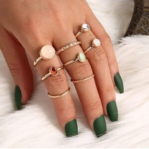 8pc Stackable Opal Crystal Gem Ring Set Gold Boho Vintage Rhinestone Size 6.5-7